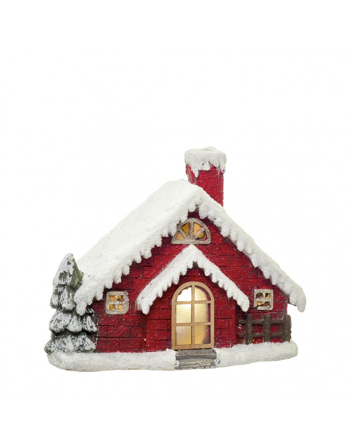 Casa roja nevada poliresina con led 34 cm