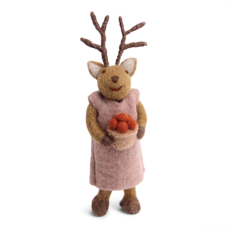 Small Brown Girly Deer with Berries 12 cm