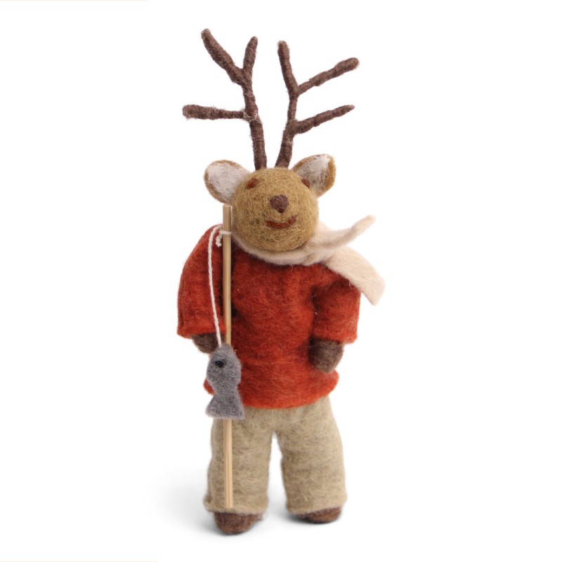 Small Brown Boy Deer with Fishing Pole 12 cm