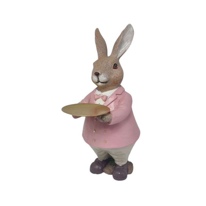 Conejo poliresina con bandeja chaqueta rosa 24 cm