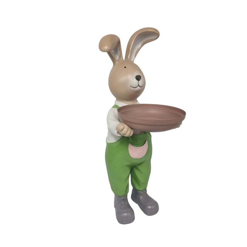 Conejo de poliresina con bandeja y peto verde 37 cm