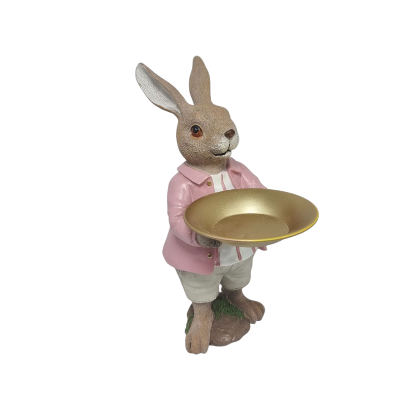 Conejo de poliresina con bandeja y camisa rosa 30 cm