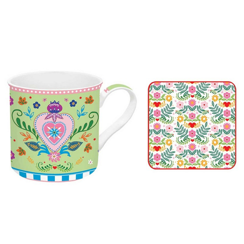 Mug porcelana 300 ml con posavasos Spring Folk