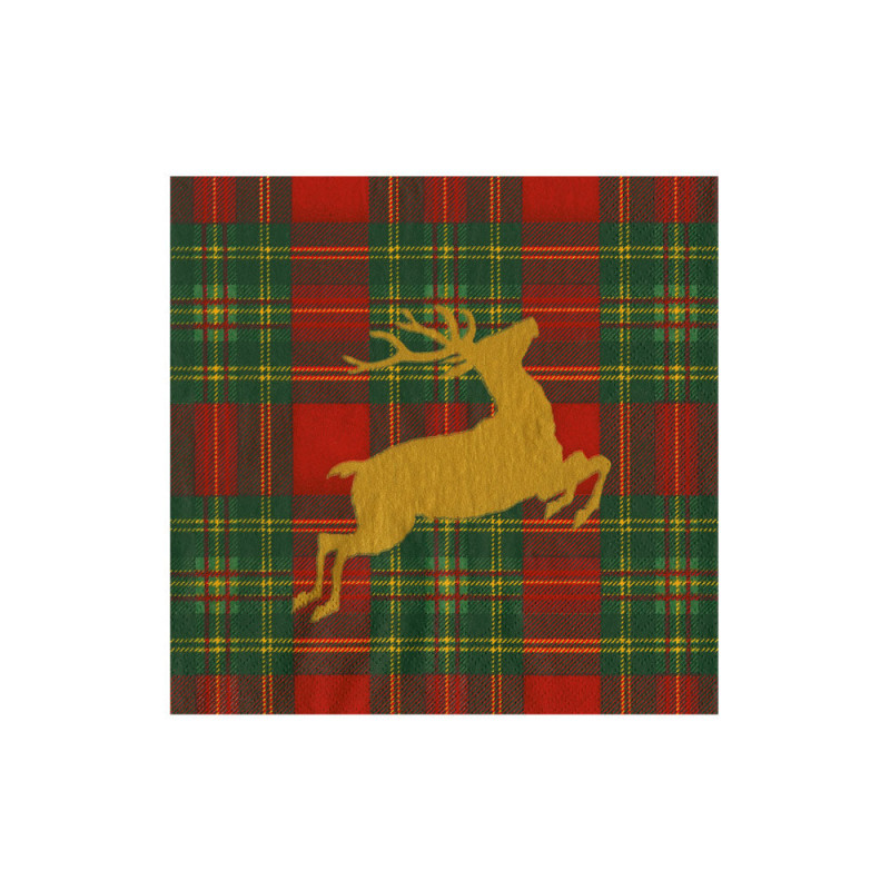 20 servilletas de papel cocktail Reindeer Tartan Red