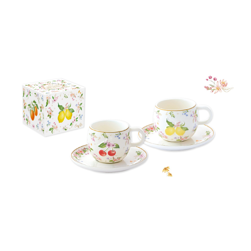 Set 2 tazas café porcelana cerezas y limones Fancy Fruit 120 ml