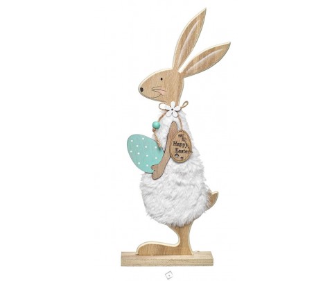 Conejo de madera con pelo blanco y huevo de Pascua 39 cm
